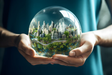 modern technology globe in male hand. Ecology Concept. Generative AI