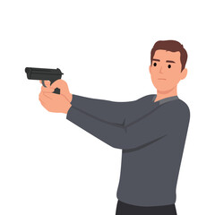 Businessman aiming with gun. Male shooter holding gun and training in shooting. Flat vector illustration isolated on white background