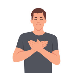 Touched positive man holds his hands on his chest, expressing gratitude. Flat vector illustration isolated on white background