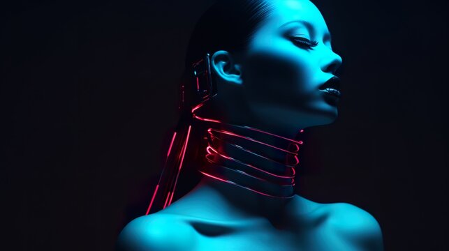 seductive young female in futuristic choker, necklace or collar, beauty cyberpunk concept, in style of sci-fi and fantasy, generative AI