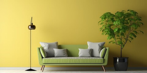 The modern living room interior has a sofa with yellow wall background.