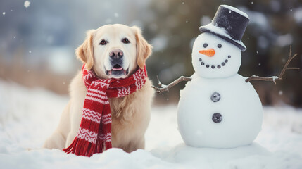 Chirful dog in a scarf with a snowman on the background of a winter snowy landscape