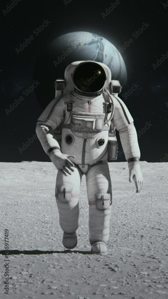 Aufkleber vertical 3d-rendered animation of a spaceman walking on the moon with a background of a planet