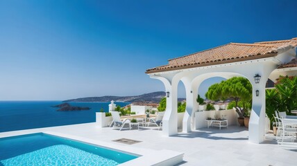 White house typical of the Mediterranean style with a pool on a hill with an amazing sea view....