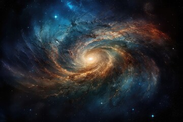 Fototapeta na wymiar Spiral galaxy, dancing planets and nebulae in dazzling cosmic scene., generative IA
