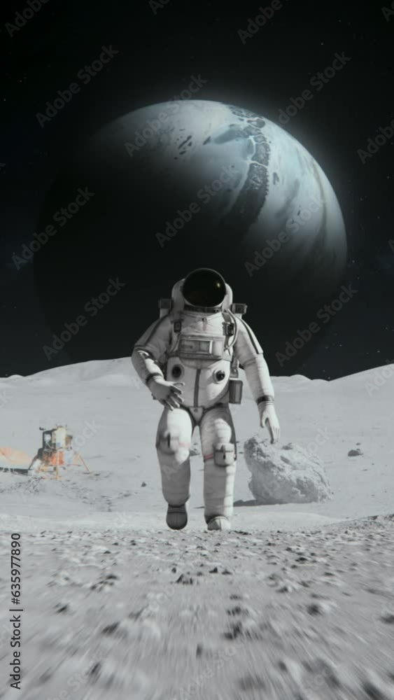 Poster vertical 3d-rendered animation of a spaceman walking on the moon with a background of a planet