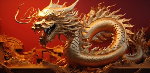 Obraz premium 2024 Lunar New Year. dragon gold on red. Asian style design. Concept holiday card, banner, poster, decor element.