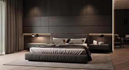 bedroom with brown walls and wood floors, in the style of dark silver and light black.