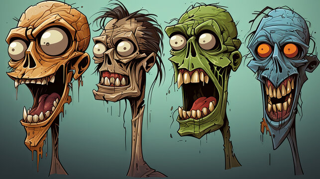Cartoon zombie heads set. Vector illustration of horror characters.