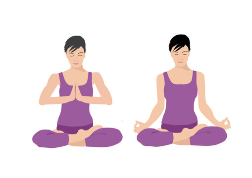Two women figures in two yoga relaxation meditation poses dressed in purple dress, anjali dhyna mudra