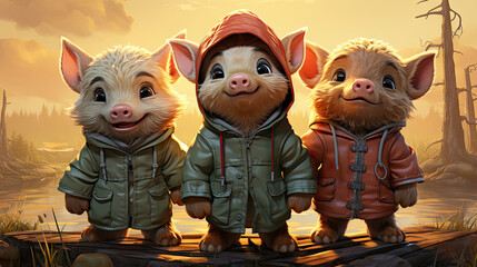 Three pigs in a raincoat on the river bank. 3d render.