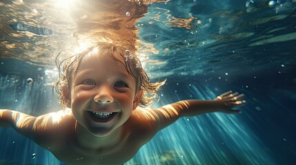 Cute smiling boy having fun swimming and diving in the pool at the resort on summer vacation. Sun shines under water and sparkling water reflection. Activities and sports to happy kid