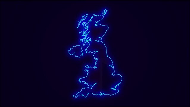 United Kingdom Map Outline Country Border on dark blue.  Neon Lights  colorful animation transition. Flag of United Kingdom.  Animation in neon style. 4k Resolution.