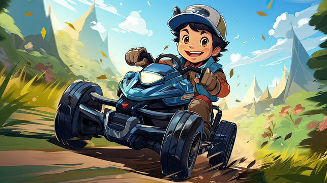 Illustration of a boy riding a quad bike on a nature background.