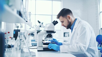 analyze biochemical samples in advanced scientific laboratory. Medical professional use microscope look microbiological developmental of viral. Biotechnology research in science