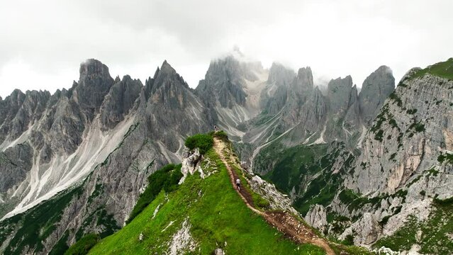 Aerial view Cadini di Misurina mountain group in Dolomites, Italy, part of Tre Cime di Levaredo national park and UNESCO world heritage site.