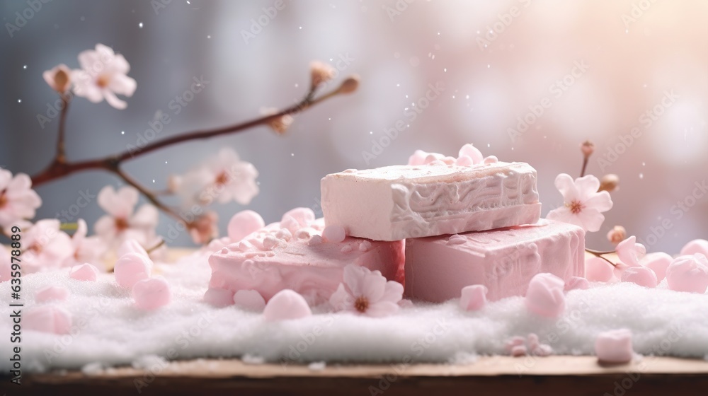 Aufkleber a close up of three soaps on a table with flowers. generative ai