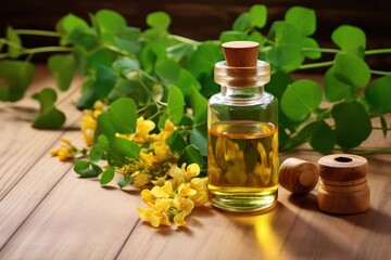 Moringa leaf and flower oil on a wooden table