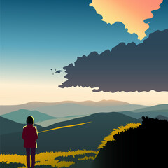 Obraz na płótnie Canvas Person standing on a hill looking at the mountains and clouds in the sky with a sunset in the background. Environmental art. Cartoon, anime background. Vector illustration.