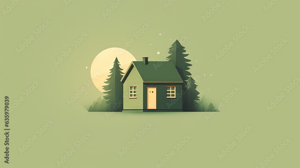 Poster a small house with a tree in front of a full moon. generative ai