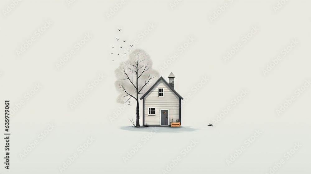 Poster a house with a tree and a bird flying by it. generative ai