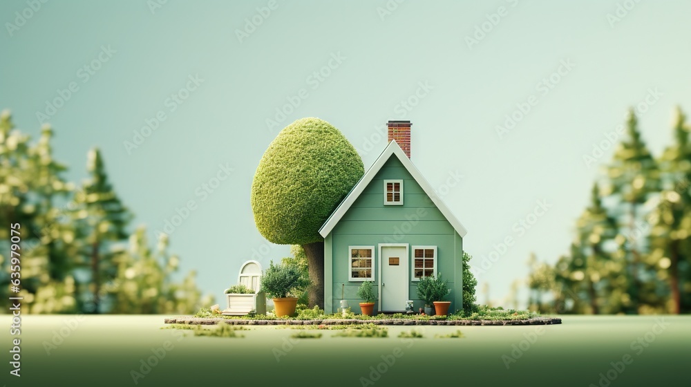 Poster a small house with a tree on top of it in the middle of a field. generative ai