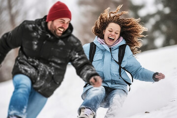 Exhilarating winter scene of joyful couple sledding down snowy hill, basking in cool colors and adventurous outdoors.