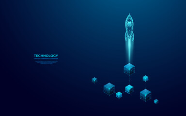Abstract digital rocket launch over linked blocks on blue technology background. Futuristic cryptocurrency concept. Low poly wireframe vector illustration. Spaceship in polygonal modern style.