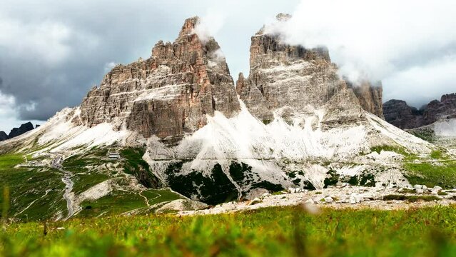 Tre Cime di Lavaredo rocks shoot from drone. South Tirol, Europe, Italy.