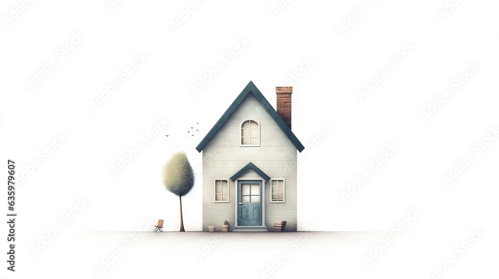 Poster a small house with a tree and a dog in front of it. generative ai