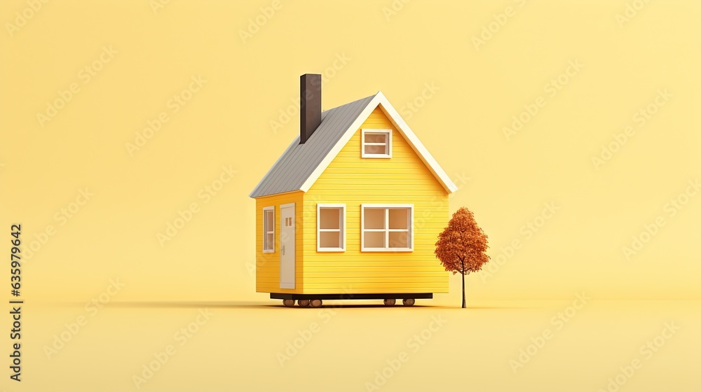 Poster a small yellow house with a tree in front of it. generative ai