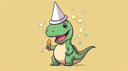  a cartoon dinosaur with a party hat eating an ice cream cone.  generative ai