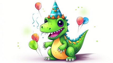 a green dragon with a party hat and balloons in its mouth.  generative ai