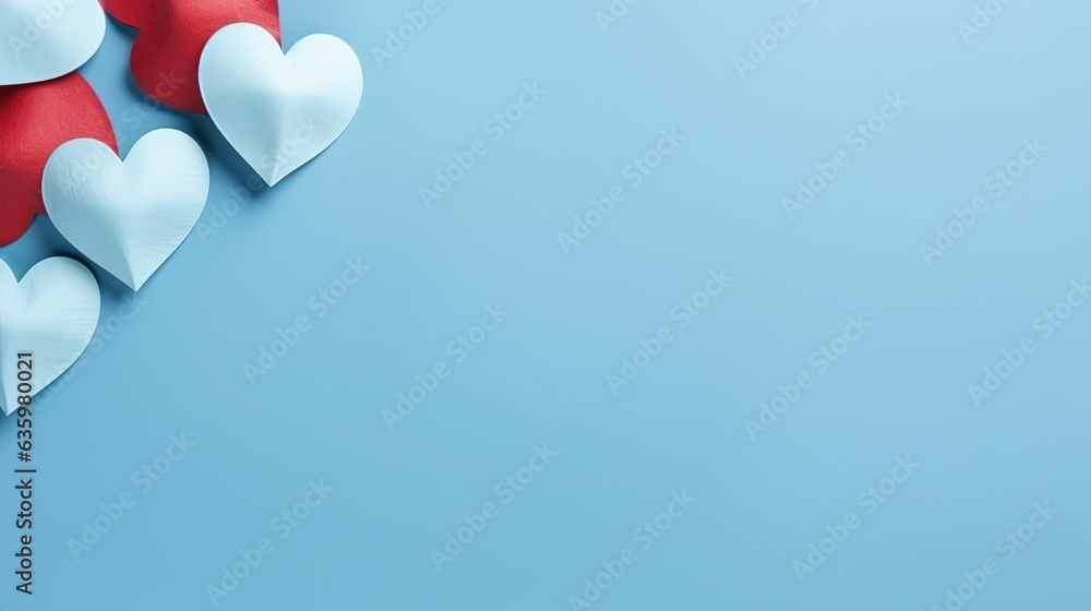Poster a group of hearts on a blue background with copy space. generative ai