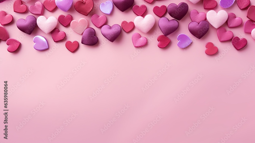 Poster a pink background with many hearts scattered around the edges of the image. generative ai
