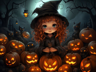 Halloween background with cute witch and pumpkins 