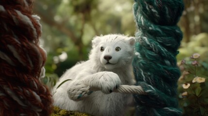 A sloth made out of Yarn being hunted by a white tiger.Generative AI