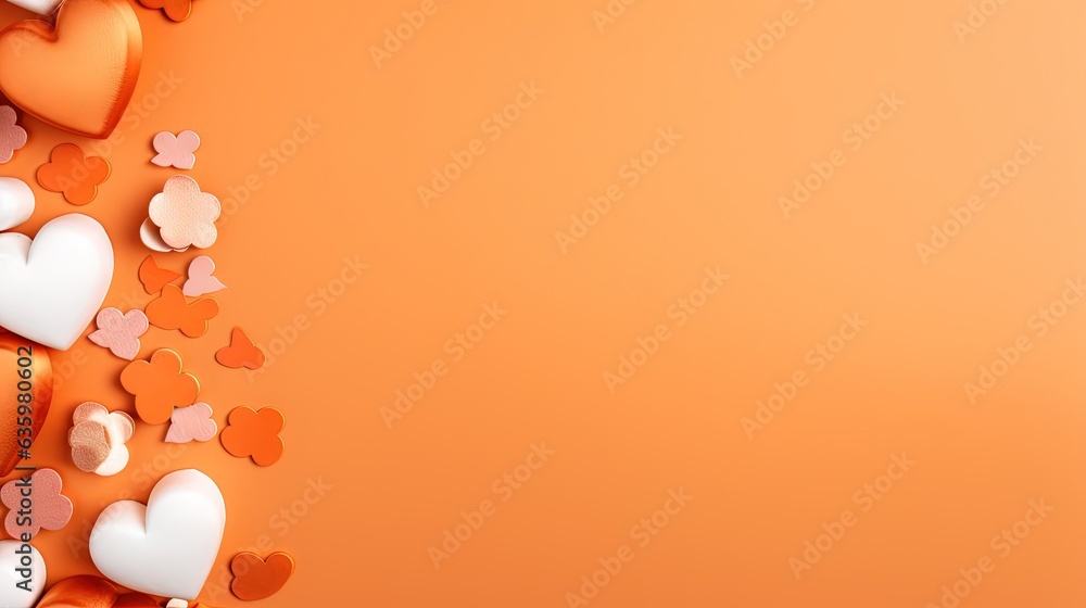 Poster a bunch of hearts on an orange background with space for text. generative ai