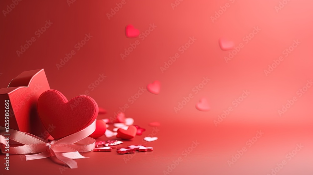 Poster a red box with a bow and hearts on a red background. generative ai