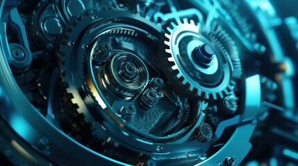 3d rendering of gear wheel mechanism in blue color. Technology background. Ai generative