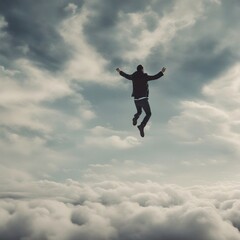 Naklejka na ściany i meble Limitless Joy: A Man Embracing Freedom, Defying Gravity as He Leaps Above Boundless Clouds
