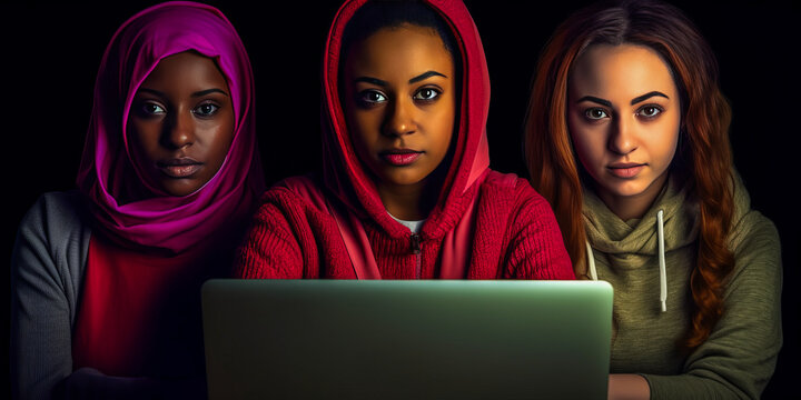 Inspirational Diverse Trio Of Women United In Face Of Online Hate, Engrossed In Laptop Screen Amid Neon Digital Text On Dark Backdrop. Generative AI