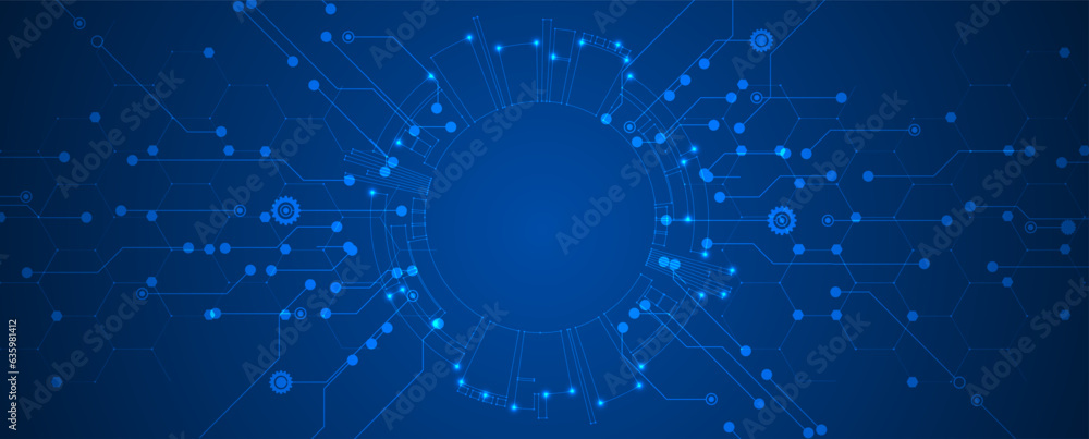 Poster technology banner design with hexagons abstract background.
