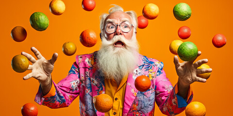 Captivating senior man in colorful Hawaiian shirt, expertly juggling vibrant exotic fruits with focused expression. A stunning capture of energy and age defiance. Generative AI