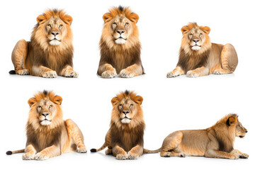 Photography set of lions are shown in a variety of poses - Collection of standing, sitting, lying, isolated on white background
