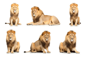 Fototapeta premium Photography set of lions are shown in a variety of poses - Collection of standing, sitting, lying, isolated on white background