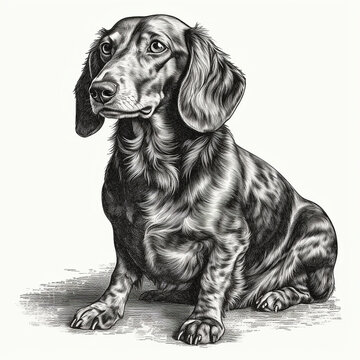 Dachshund, engraving style, close-up portrait, black and white drawing, cute dog