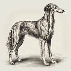 Greyhound, engaving style, close-up portrait, black and white drawing, hunting dog