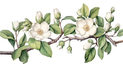 Realistic fruit tree branch with spring flowers. Beautiful flowering apple tree in spring day. Generative AI. Illustration for cover, card, postcard, brochure, advertising or presentation.