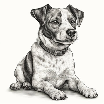 Jack Russell Terrier, engraving style, close-up portrait, black and white drawing, cute dog